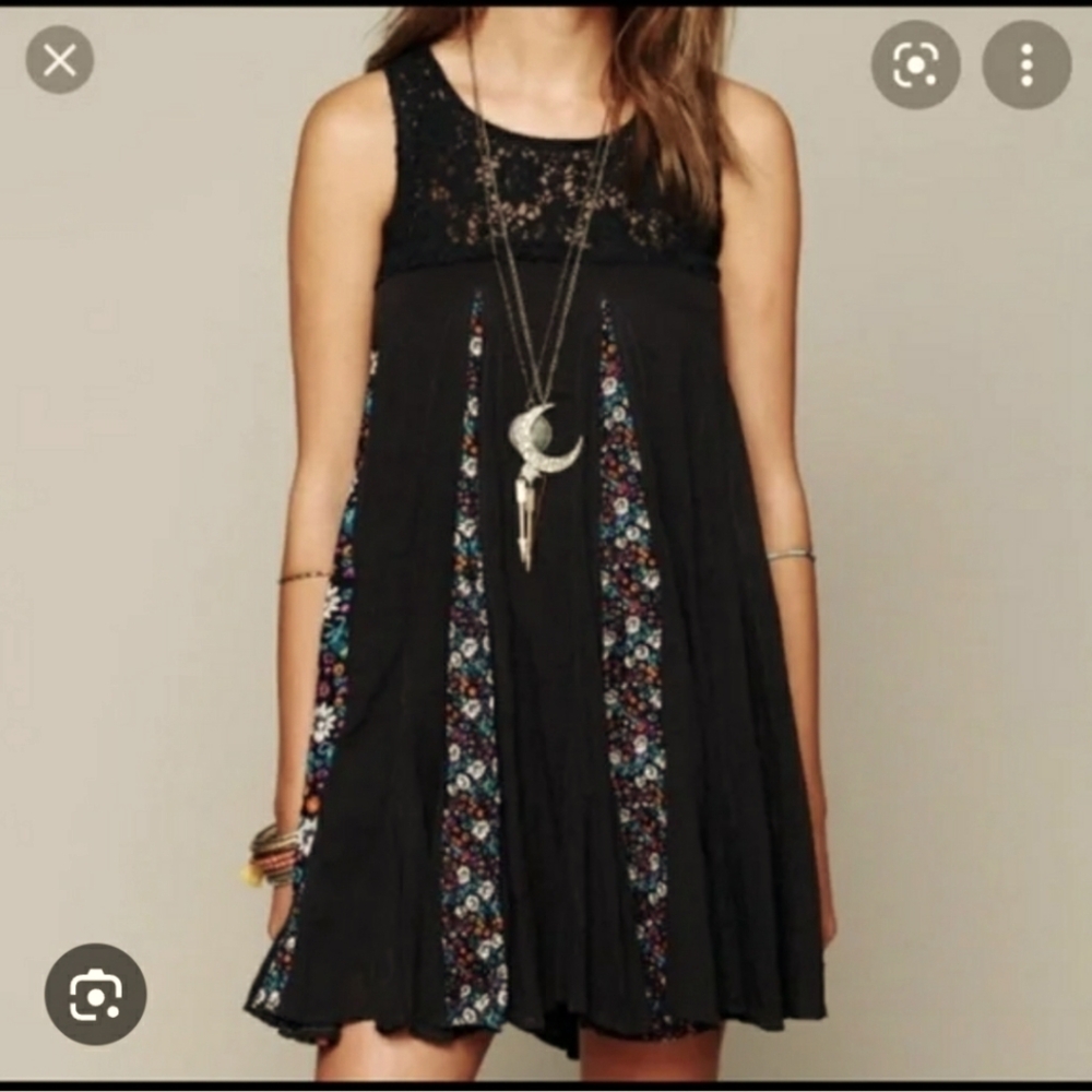 Free People  Embroidered Dress Size XS Boho Hippie Mini Black Floral Lace Dress